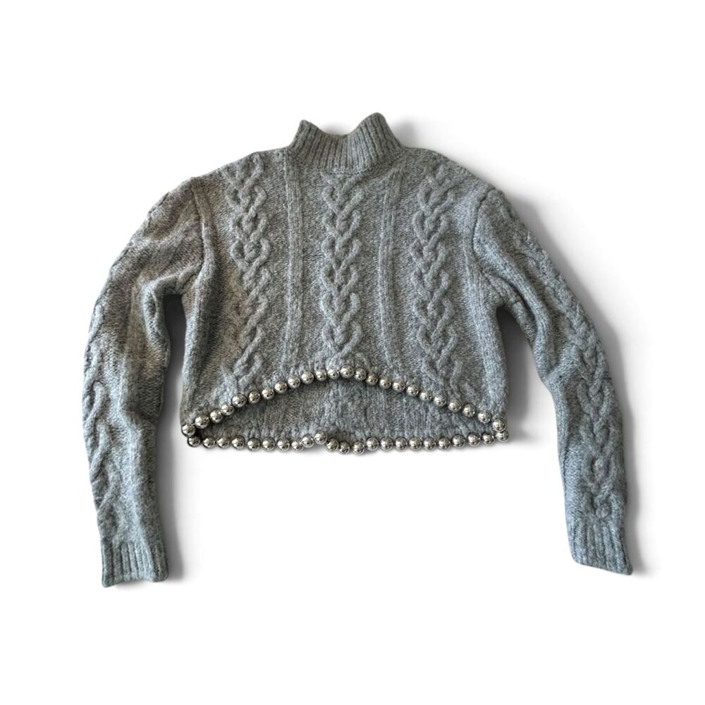 Zara Beaded Hem Cable Knit Cropped Gray Mock Neck Sweater